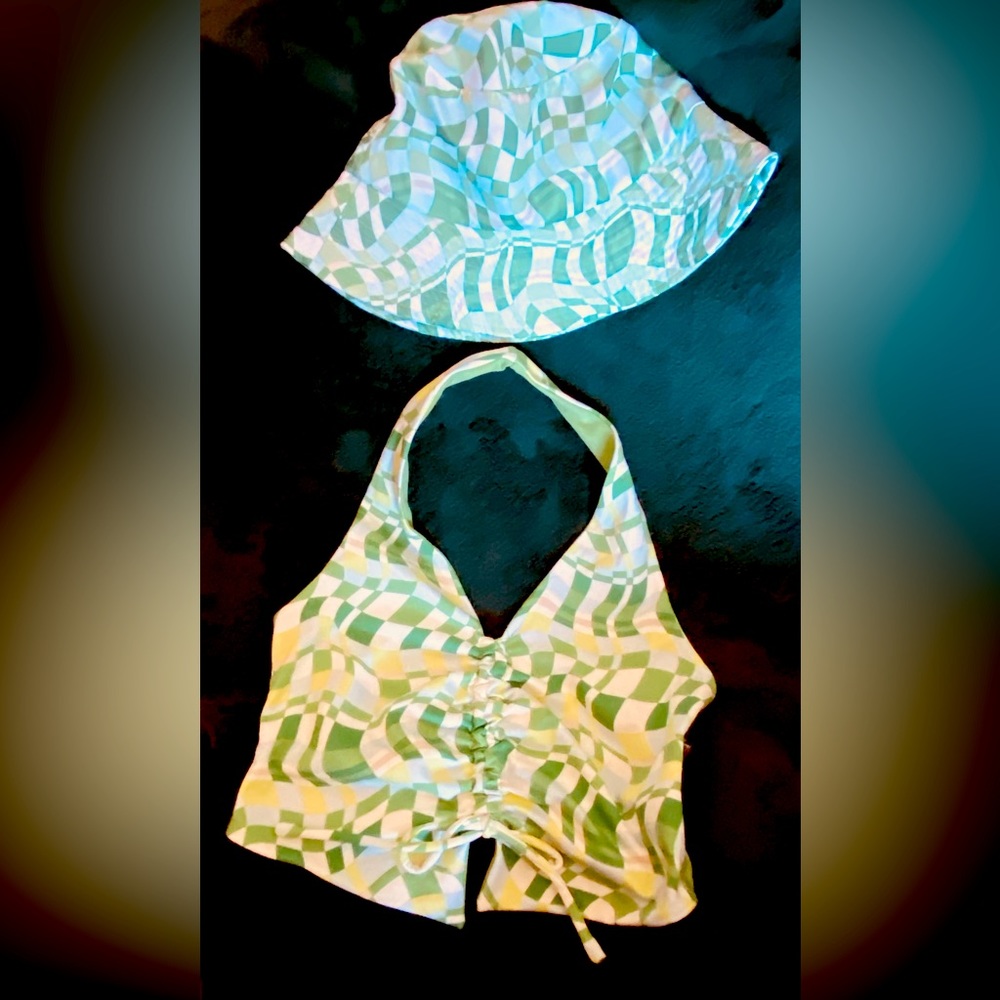 Multi green bucket hat with matching halter top.